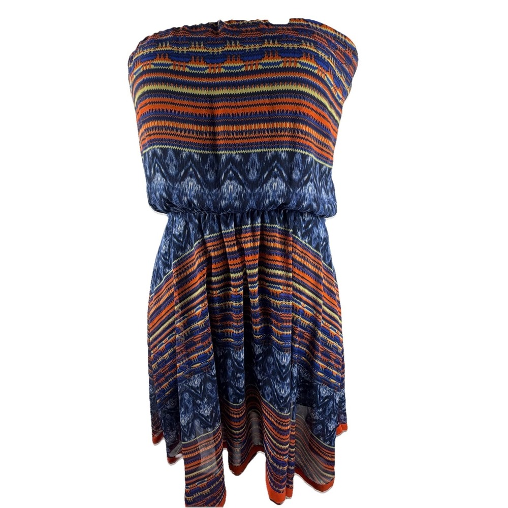 Maeve Anthro Urcos Handkerchief Strapless Dress Sz L‎ Blue Orange Resort Cruise